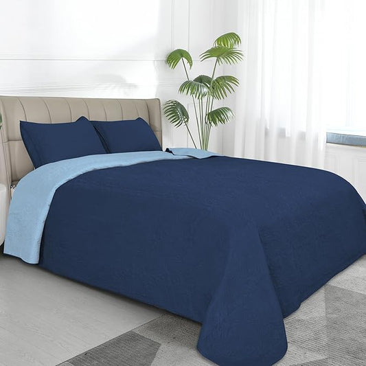 Easy-Going King Size Reversible Quilt Set with 1 Quilt and 2 Pillow Shams, Soft Bed Quilt Cover, Water Resistant Lightweight Microfiber Bedspread, Stain Resistant, Damask-Dark Blue/Light Blue