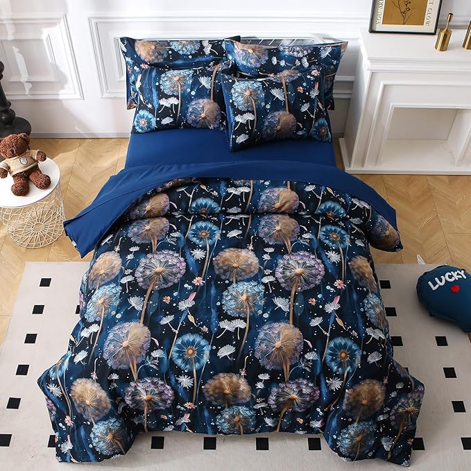 Glow in The Dark Kids Comforter Set, 5 Pieces Blue Dandelion Bedding Set Twin Size for Boys Girls Teen, 1 Comforter, 2 Pillowcases, 2 Pillow Shams, 1 Flat Sheet, 1 Fitted Sheet