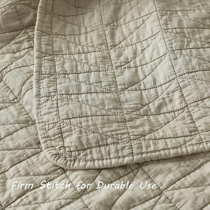 HORIMOTE HOME Quilt Set Queen Size, Stone-Washed Chic Rustic Beige Coverlet with Classic Triangle Stitched Pattern, Ultra Soft Lightweight Quilted Bedspread for All Season, 3 Pieces