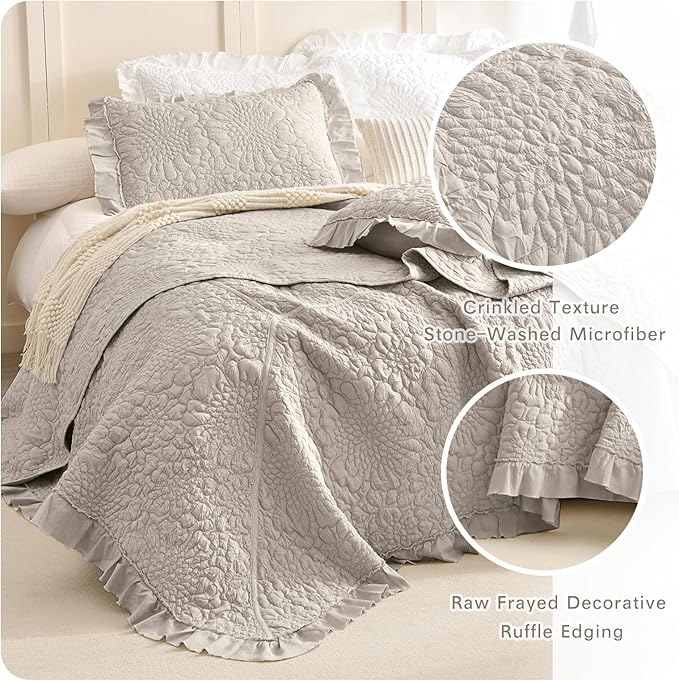 Lady Ann Oversized Bedspread Set 128x120, Extra Large Linen Feel Stone-Washed Ruffled Quilt Set Crinkled Blanket, Lightweight Shabby Quilted Bedspreads &Coverlets 3 PCS Farmhouse Rustic Bedding Sets