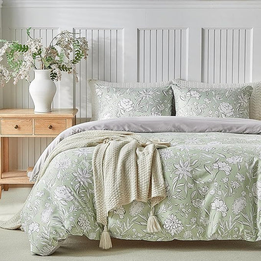 Lekesky Queen Size Duvet Cover Set, Reversible Duvet Cover Queen with White Floral Pattern, Lightweight Soft Microfiber Comforter Cover, 3 Pieces Green Bedding Set with Zipper and 2 Pillowcases