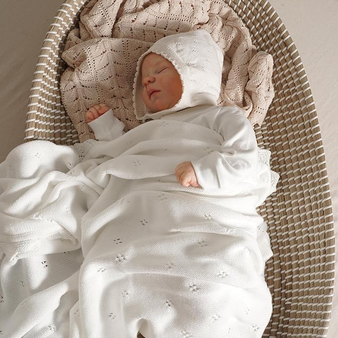 mimixiong Cotton Baby Blanket Knitted Crochet Receiving Crib Nursery Swaddling Blankets for Newborn Baby Boy Girl Off White 30x40 Inch