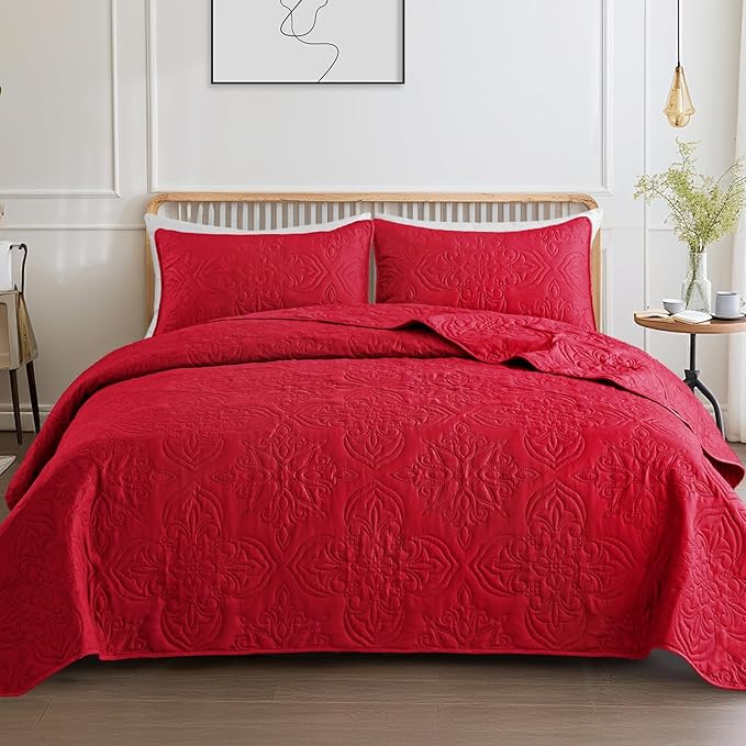 Whale Flotilla Soft Twin Quilt Bedding Set for All Seasons, Elegant Vintage Damask Ultrasonic Quilts Set, Lightweight Reversible Bedspread, Coverlet, Bed Cover with 1 Pillow Sham, Red