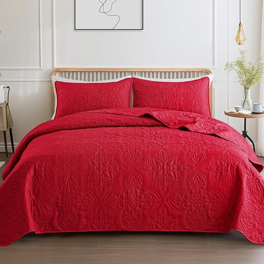 Whale Flotilla Soft Queen Quilt Bedding Set for All Seasons, Vintage Damask Ultrasonic Full Size Quilts Set, Lightweight Reversible Bedspread, Coverlet, Bed Cover with 2 Pillow Shams, Red