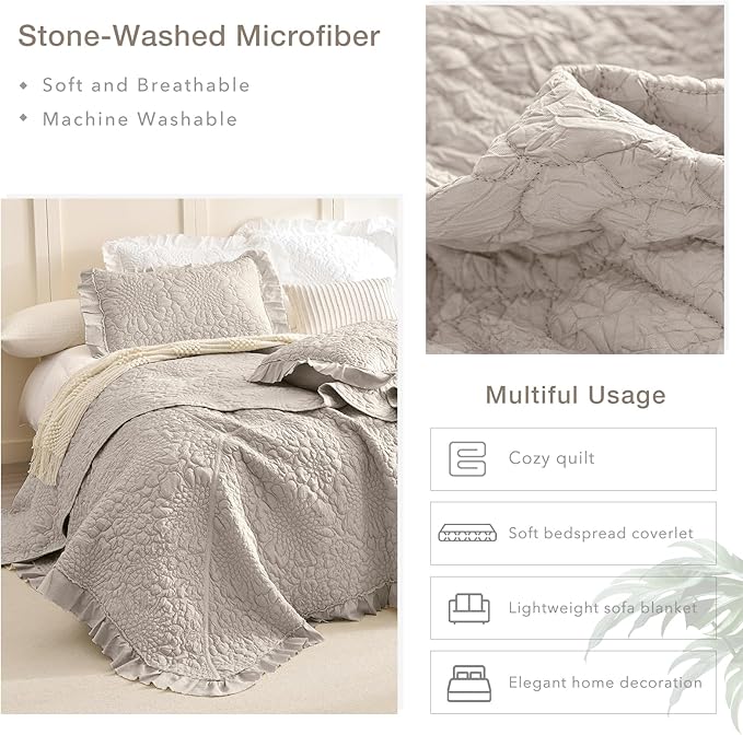 Masaca Ruffled Oversized King Bedspread 120x120,3Pcs Crinkled Extra Large Farmhouse Shabby Boho Chic King Quilt Bedding Set Linen Colored Soft Lightweight Rustic Bedspreads for All Season