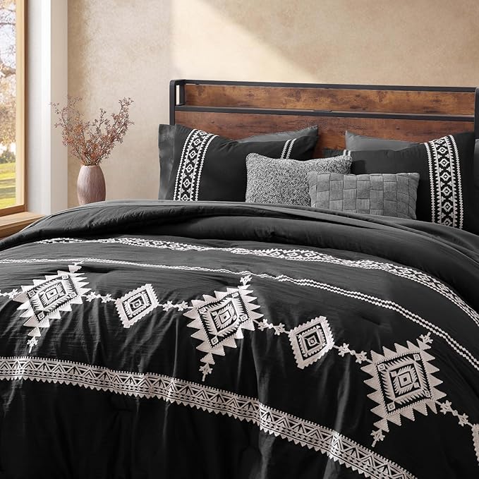 MaiRêve Embroidery Comforter Set, Boho Farmhouse Western Bedding Set, All Season Bed in A Bag Comforter Set with Sheets, Pillowcases & Shams, Black Full 7 Pieces