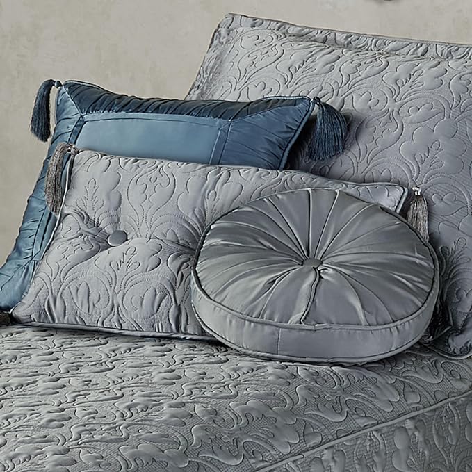 Cambridge Classic Luxury Bedding | Neutral Warm Gray Solid Color Polyester Satin | Elaborate Damask Quilting | 5 Pc Set: Twin Bedspread, Standard Sham, & 3 Decorative Pillows | Also Fits Twin XL Beds