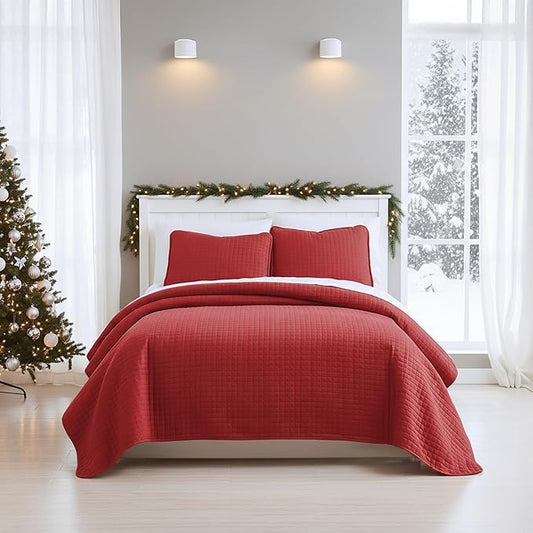 Southshore Fine Living, Inc. Red Quilt King Size Set with 2 Pillow Shams, Soft Microfiber Bedspread, Stain & Pet Hair Resistant Bedding, Cal/King Quilt Set with 2 Pillow Shams, Chili Pepper Red
