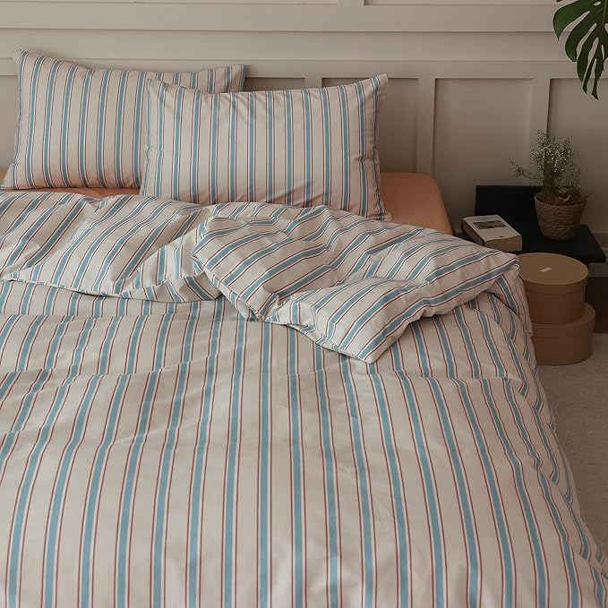 LifeTB Striped Comforter Set Twin XL Size, Fluffy Soft Blue Brown Stripes Pattern Printed Bedding Set, 3 Pieces Lightweight Bedding Comforter Set, Breathable Striped Bed Comforter with 2 Pillowcases