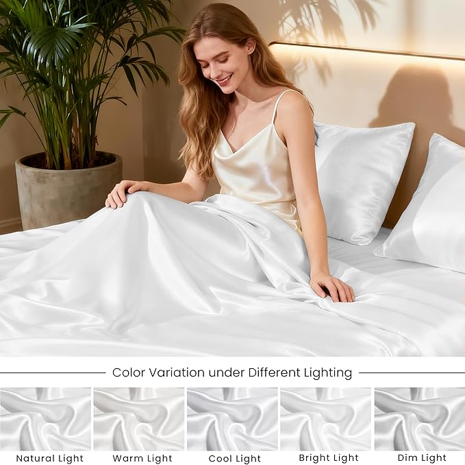Love's cabin Twin XL Satin Sheet Sets - 3 Piece White Silky Bed Sheets with Deep Pockets, Luxury Silk Feel Satin Sheet Set Twin XL (1 Flat Sheet,1 Fitted Sheet,1 Pillow case)