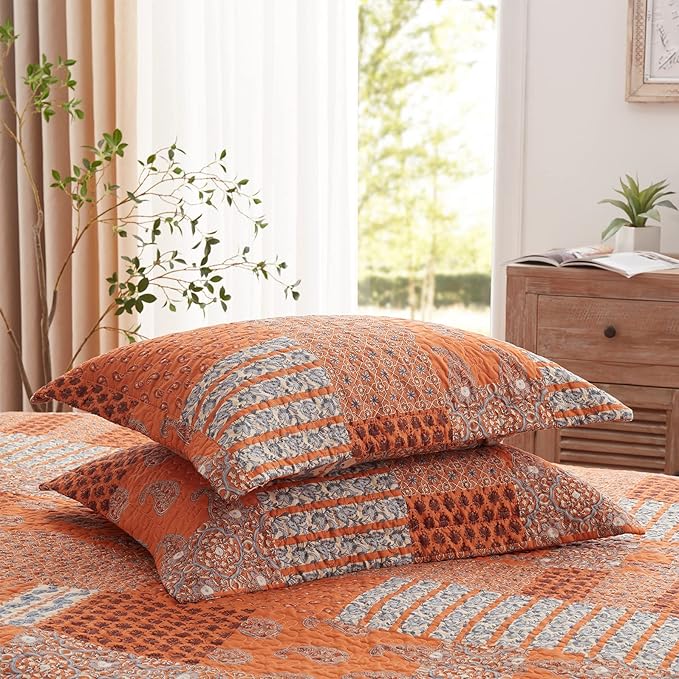 LEAONME 3 Pieces California King Size Quilt Set Burnt Orange Rust Oversized 120x120 Inch Bedspread Coverlet Lightweight Microfiber Paisley Bed Cover for All Seasons (1 Quilt, 2 Pillow Shams)