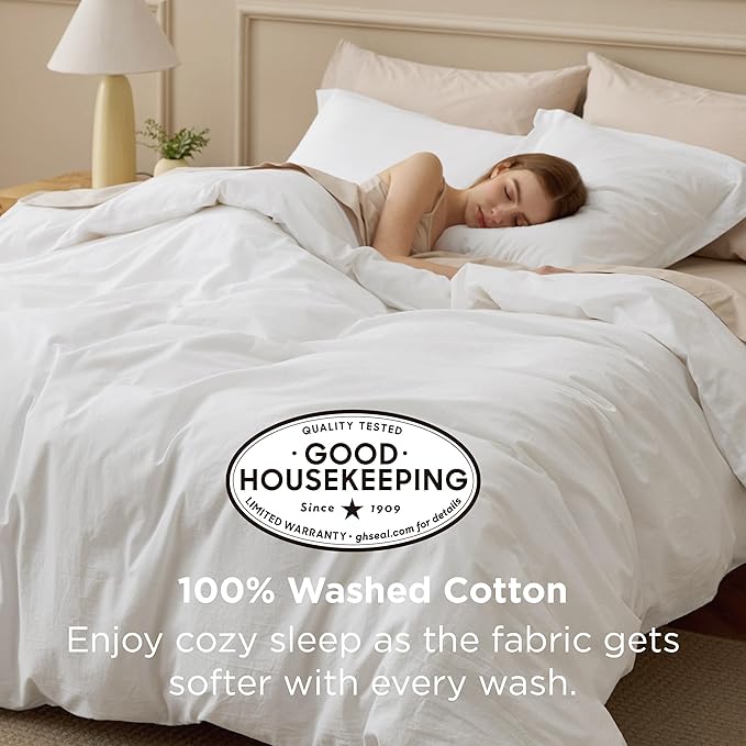 Bedsure 100% Washed Cotton Duvet Cover Queen Size - Natural White Minimalist Cotton Duvet Cover Linen Like for All Seasons - GentleSoft™ Plain Simple Bedding (Natural White, Queen, 90"x90")