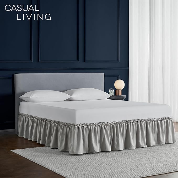 Casual Living Full Bed Skirt Wrap Around Ruffled Style Box Spring Cover Bed Skirts for Bedroom Decor Machine Washable Premium Bedding 15-Inch Drop Elastic Dust Ruffle, Full, Grey