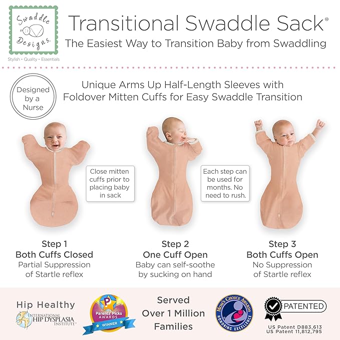 SwaddleDesigns Transitional Swaddle Sack, Arms Up Half-Length Sleeves & Mitten Cuffs, Swaddle for Newborn Transition to Baby Sleep Sack Wearable Blanket, 6-9 Month, 21-24 lb, Heathered Peach Blush