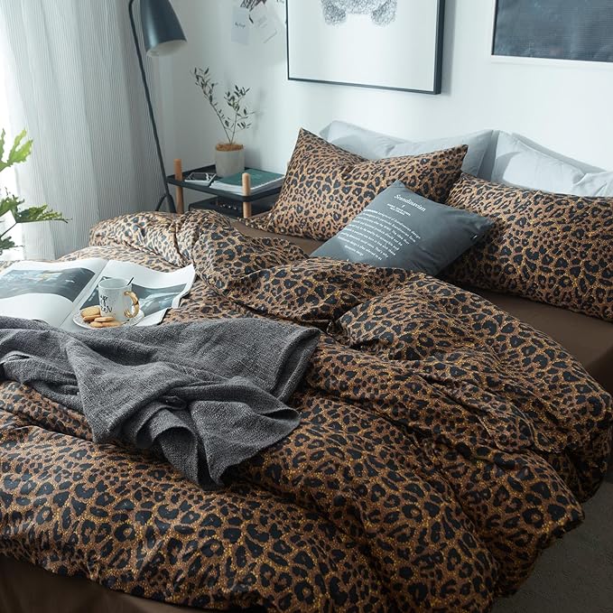 LifeTB Cotton Leopard Print Duvet Cover Queen Bedding Set Luxury Soft 100% Long Staple Cotton Duvet Cover Boho Leopard Pattern Comforter Cover 3 Pieces Modern Style Bedding Duvet Cover Set