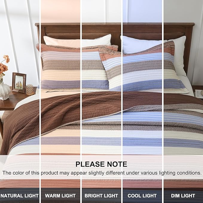 Oversized King Quilt Bedspread Coverlet 120x120, 100% Cotton California King Quilt with Pillow Shams, Soft Yarn Dyed Multicolor Striped Bedding Set, Brown/Beige/Blue