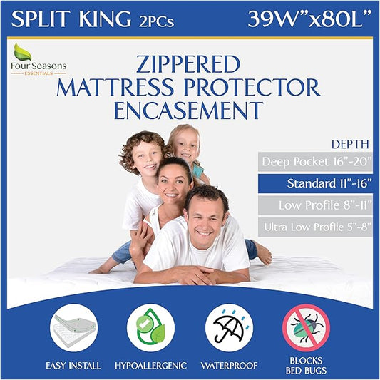 Split King Mattress Encasement 39" x 80" (2PCs) - Waterproof Zippered Protector Hypoallergenic Premium Quality Bed Cover