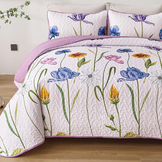 WONGS BEDDING Purple Quilt Set King,3 Pieces Purple Blue Floral Bedspread Coverlet Set, Lightweight Spring Farmhouse Cute Botanical Quilts Bedding Set (104"x90")