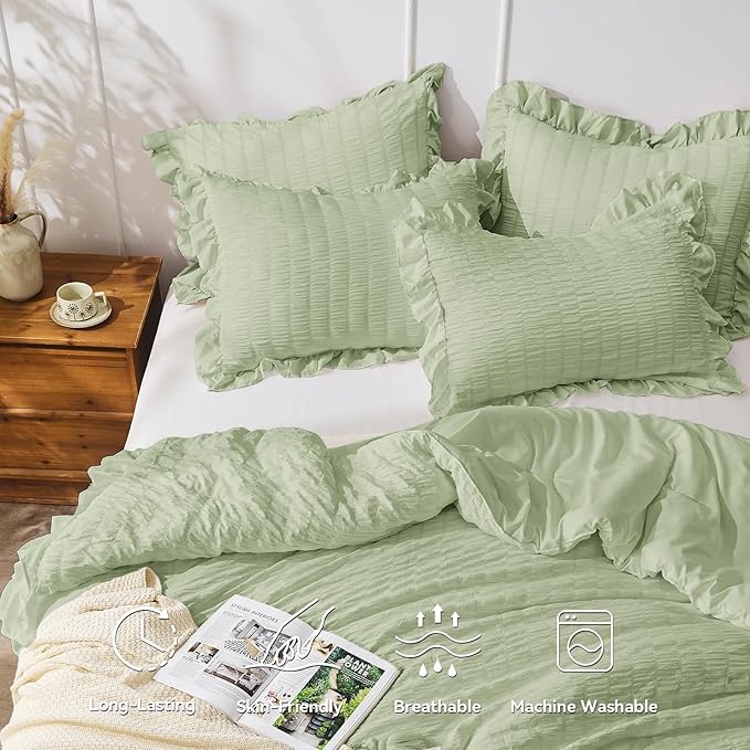 JOLLYVOGUE Sage Green Queen Comforter Set, 3 Pieces Seersucker Comforters Queen Size, Lightweight & Fluffy Bedding Sets Queen for All Season with 1 Ruffle Comforter and 2 Ruffle Pillowshams