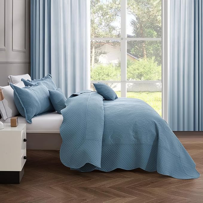 HZ & HY Oversized King Bedspread 138x122 Extra Wide, Ultrasonic Coverlet Bedding Set, Lightweight Thin Comforter, Reversible, 5 Piece, 100% Microfiber, California/Alaskan King, Ashley Blue