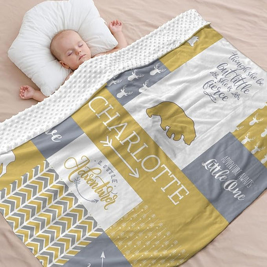 Personalized Baby Blanket for Girls Super Soft Double Layer with Dotted Backing, Lovely Woodland Animal Design Blanket for Toddler Newborn, Polyester, Honey, 35 x 45 Inch