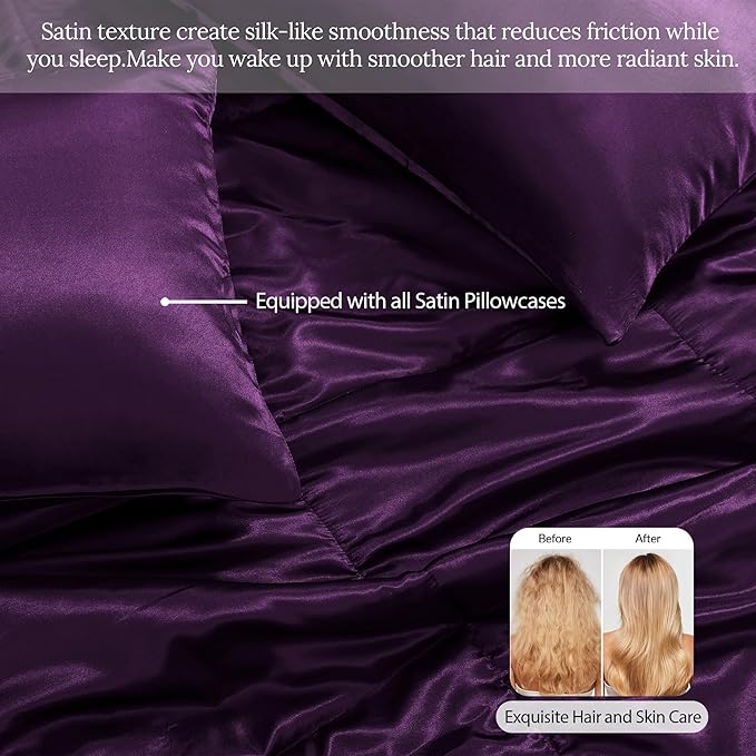Whale Flotilla 3-Piece Reversible Silky Soft King Size Comforter Bedding Set, Luxurious Satin Comforters Oversized with 2 Satin Pillowcases, Lightweight Duvet for All Seasons, Purple