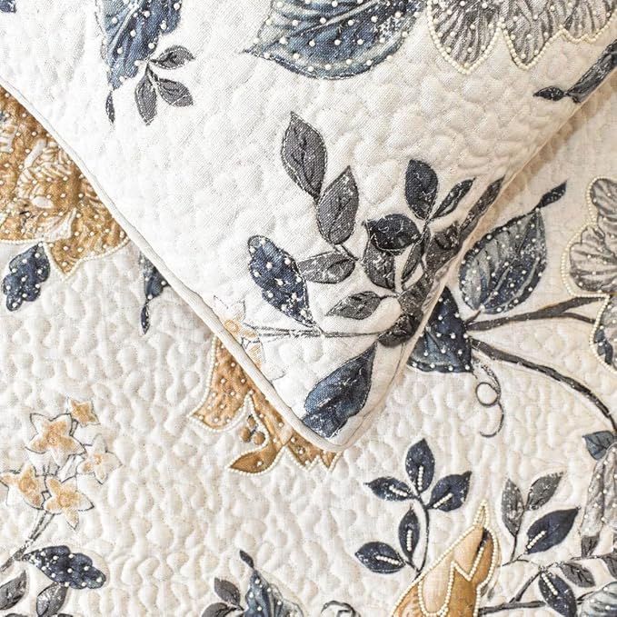 The HomeCentric King/Queen/Twin Blue & Ivory Decorative CA King 86"x18" Bed Runner with Pillow Cover, Bird, Pearl & Quilted Bed Scarf on Linen Fabric - Vintage Birdena