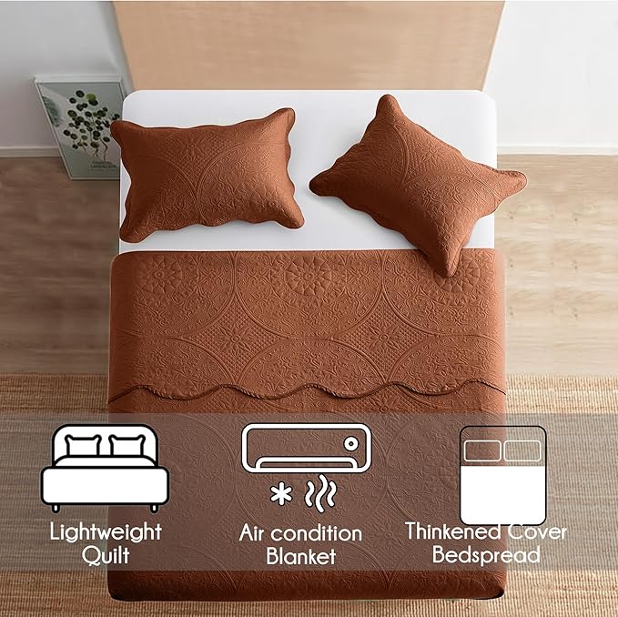 IR Imperial Rooms Twin Quilt Bedding Set Size (68” x 86”) + 1 Pillow Shams (20” x 26” + 2”) - 2 Pcs All Season Lightweight Reversible Microfiber Coverlet Floral Embossed Quilt Bedspread (Rust)