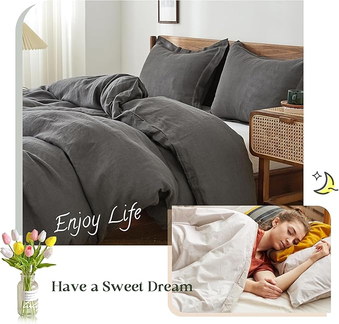 Simple&Opulence 100% Linen Duvet Cover Set, 3 PCS Natural French Flax Dark Grey Duvet Cover King Size, Breathable Soft Comfy Linen Bedding Comforter Cover with 2 Pillowcases(Dark Grey, 104"x92")
