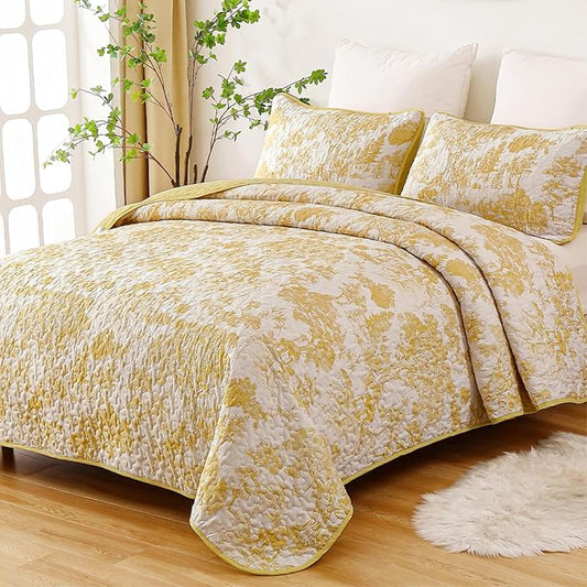 WONGS BEDDING Botanical Quilt Set Queen Size, Yellow 3 Pieces Toile Floral Plants Printed Bedspread Bedding Set Soft Lightweight Microfiber Coverlet Set for All Season (96"x90")