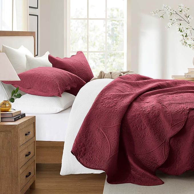IR Imperial Rooms 8 Pack California King Quilt Bedding Set (118"x106") - Bulk Wholesale for Hotels, Guest Bedroom & Airbnbs - Microfiber Reversible Floral Embossed Quilts Bedspreads (Burgundy)
