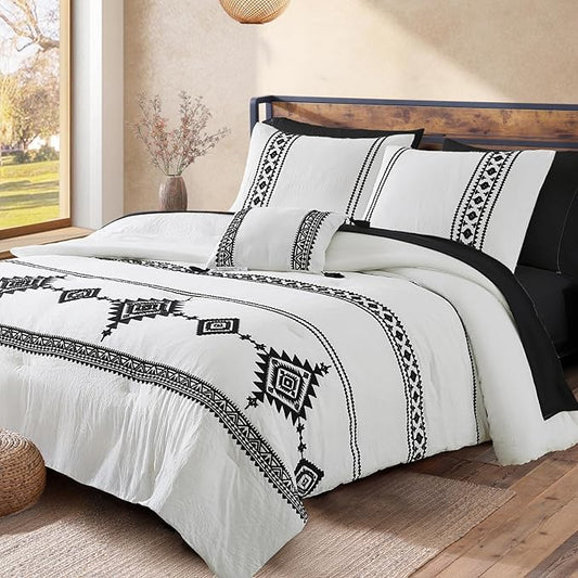 MaiRêve Embroidery Comforter Set, Boho Farmhouse Western Bedding Set, All Season Bed in A Bag Comforter Set with Sheets, Pillowcases & Shams, White California King 7 Pieces