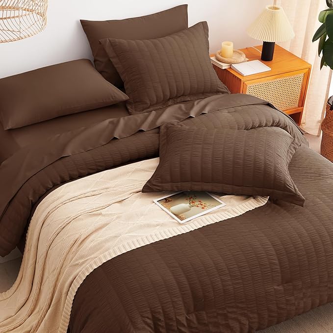 CozyLux King Size Comforter Set Brown Seersucker 7 Pieces Bed in a Bag King Comforter Set with Sheets, Luxury Soft Bedding Set with Down Alternative Comforter, Sheets, Pillowcases & Shams All Seasons