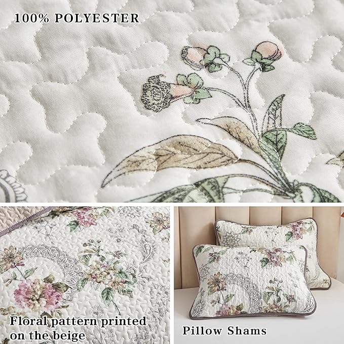 Flysheep 2 Pieces Quilt Set Twin Size, Beige Floral Reversible Bedspread Coverlet Set, Soft Microfiber Lightweight Bed Cover for Kids (68" x 86", 1 Quilt+ 1 Pillow Sham)