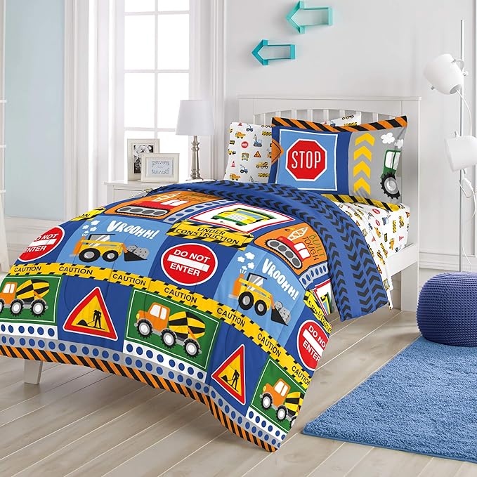 dream FACTORY Kids 5-Piece Complete Set Easy-Wash Super Soft Microfiber Comforter Bedding, Twin, Navy Blue Under Construction
