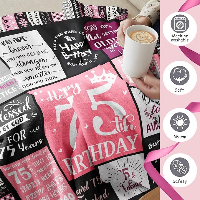 75th Birthday Gifts for Women Throw Blanket 60”x50”, Happy 75th Birthday Decorations for Women, 1951 Bday Gift for 75 Year Old Woman Mom Grandma Friend
