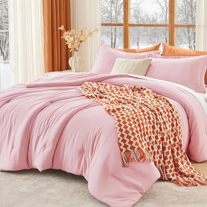MUXHOMO Pink California King Comforter Set, All Season Ultra Soft Down Alternative Bedding - 3 Piece Lightweight Bed Set Includes 1 Comforter (104"x96") and 2 Pillow Shams (20"x36")