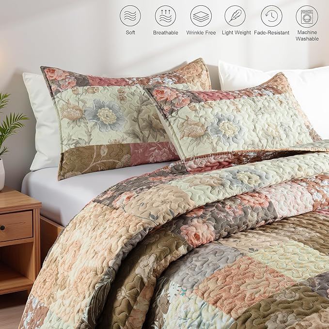 Whale Flotilla Patchwork Quilt Twin Size, Soft Boho Floral Bedspreads for Bed Reversible Lightweight Twin Quilt Bedding Set Coverlets with 1 Pillow Sham for All Seasons, Vintage Red Flowers