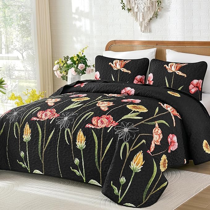 WONGS BEDDING Floral Quilt Set Queen Size, Colorful Black Red Quilt Set with 2 Pillowcase, Lightweight Spring Summer Farmhouse Coverlet Set for All Season (96"x90")
