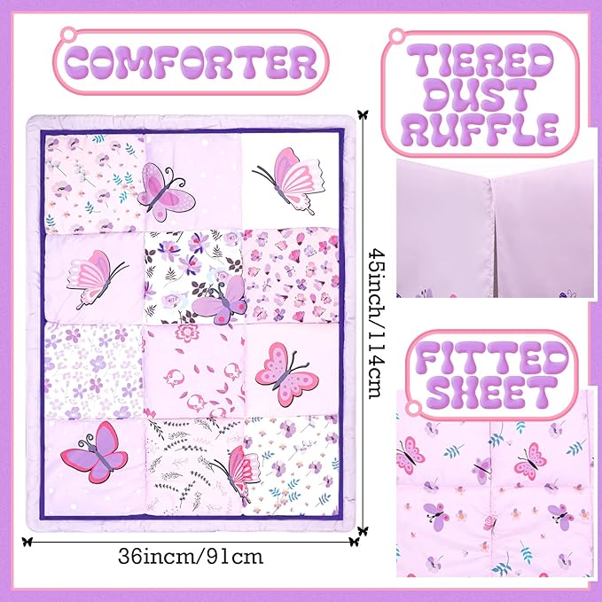 Tudomro 3 Pieces Butterfly Nursery Crib Bedding Set for Girls, Standard Size Bedding Sets with Comforter Fitted Sheet Crib Skirt(Purple)
