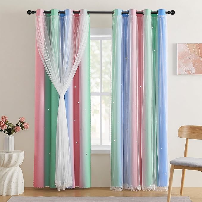 XiDi Girls Curtains for Bedroom 54 Inches Long 2 Panels Pink Green Blue Rainbow Blackout Curtains for Little Girl Kids Room Decor Living Room, Princess Unicorn Wall Decals Drapes 52x54