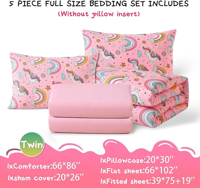 Glow in The Dark Kids Comforter Set, 5 Pieces Pink Unicorn Bedding Set Twin Size for Boys Girls Teen, 1 Comforter, 1 Pillowcase, 1 Pillow Sham,1 Flat Sheet, 1 Fitted Sheet