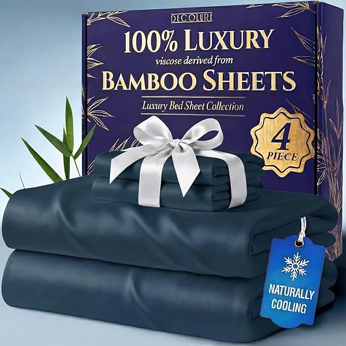 DECOLURE 100% Viscose Derived from Bamboo Sheets Full Size - Luxury 4 Pc Naturally Cooling Sheets, Ultra Soft Bed Set - Deep 17" Pockets, Durable Double Stitching, Oeko Tex Standard (Navy Blue)