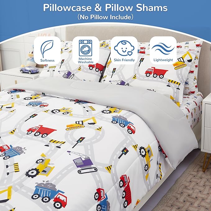 Viviland Kids Full Bedding Sets for Boys, Girls Soft Full Comforter Set with Sheets, 7 Pieces Microfiber Bed in a Bag, White Car Excavator