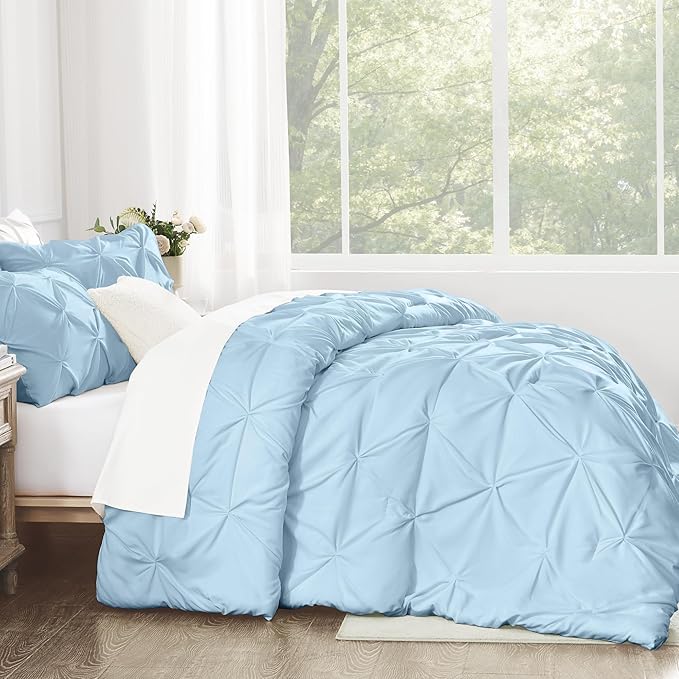 Andency Light Blue Pinch Pleat Comforter Twin(66x90Inch), 2 Pieces(1 Down Alternative Comforter and 1 Pillowcase) Bed Set Microfiber Pintuck Bedding Set