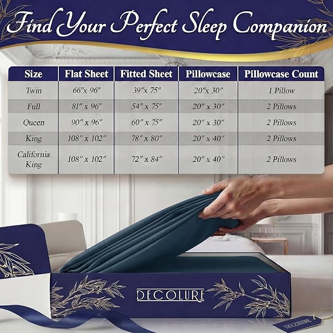 DECOLURE 100% Viscose Derived from Bamboo Sheets King Size - Luxury 4 Pc Naturally Cooling Sheets, Ultra Soft Bed Set - Deep 17" Pockets, Durable Double Stitching, Oeko Tex Standard (Navy Blue)
