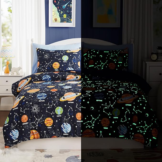 Full Kids Comforter Set - 7 Pieces Full Bedding Sets for Boys Teen, Glow in The Dark Space Bed in A Bag with Sheets