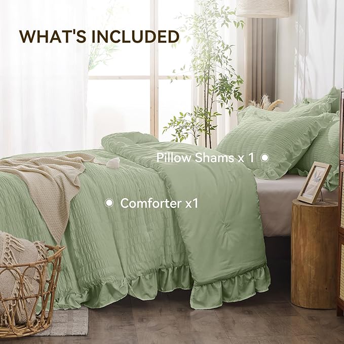 JOLLYVOGUE Sage Green Twin Size Comforter Set, 2 Pieces Seersucker Lightweight Fluffy Bedding Set, Twin Ruffle Comforter, All Season Soft Microfiber Shabby Chic Bed Set