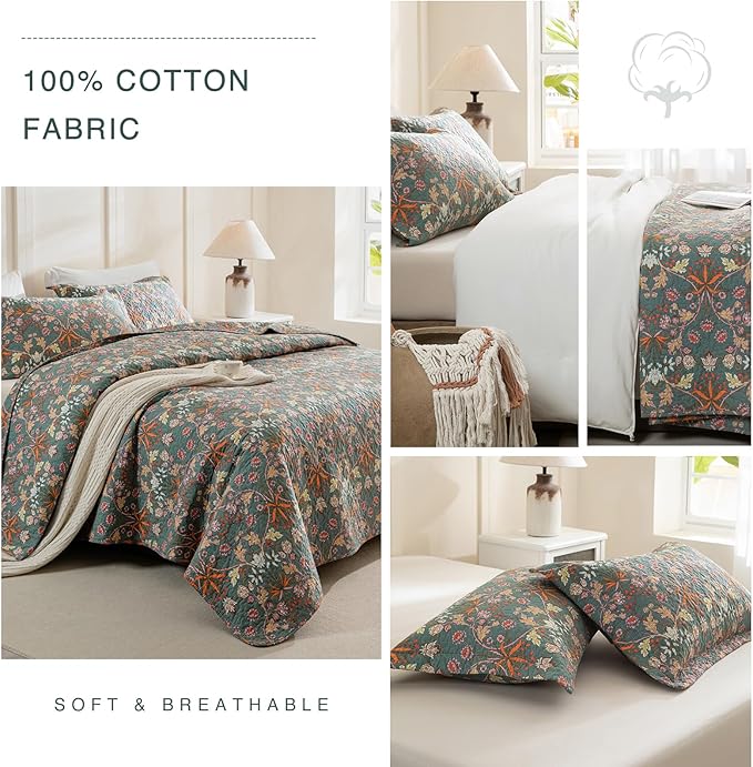 QSH 3Pcs Floral King Quilt Set (110"x98") -100% Cotton Quilt King Size Bedding Set Luxury Paisley Flower Botanical Printed Bedspread Coverlet King Soft Lightweight Quilted Bedding Set