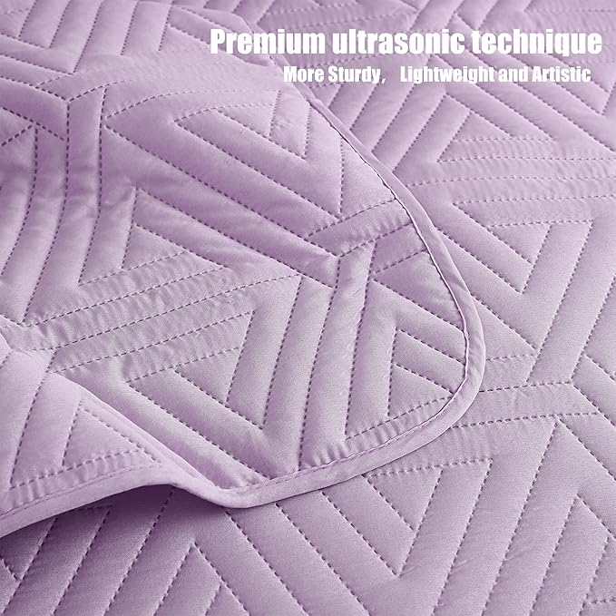 Whale Flotilla Soft Queen Size Quilt Set for All Seasons, 3-Piece Ultrasonic Geometric Quilts Bedding Set, Lightweight Reversible Bedspread, Coverlet, Bed Cover with 2 Pillow Shams, Light Purple